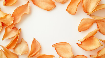 dried orange peels: a frame made from dried orange peels, arranged loosely around a soft white background, the bright orange and pale white create a lively, fresh atmosphere