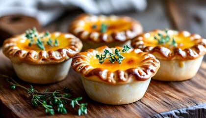 Wall Mural - Delicious mini pies with flaky crust and golden tops, garnished with fresh thyme, showcased on a rustic wooden board for a cozy gathering