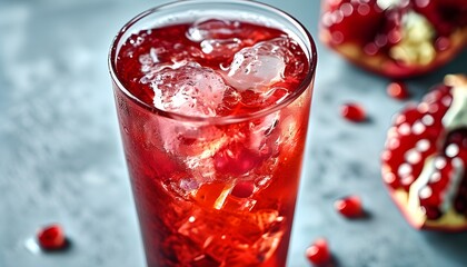 Wall Mural - Refreshing pomegranate juice with ice cubes capturing vibrant summer hydration and a burst of color