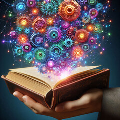 A book, opened to reveal a burst of colorful gears and sparks