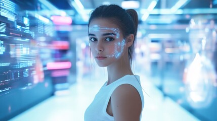 Poster - Futuristic Portrait of a Woman with Digital Interface Overlay