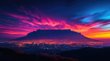 Wall Mural - A breathtaking silhouette of Table Mountain towering above the glowing cityscape of Cape Town, framed by vibrant lights and colorful sunset hues