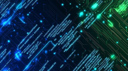 Abstract digital background with glowing blue and green lines and code on a black background.