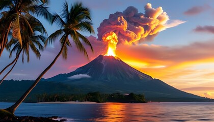 Erupting volcano on a tropical island at sunset, warm glow illuminating swaying palm trees in a breathtaking natural spectacle