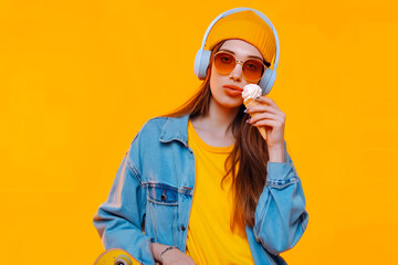 Magnificent white girl in casual clothes posing in headphones. Studio portrait of beautiful lady with skateboard eating ice cream on orange background.