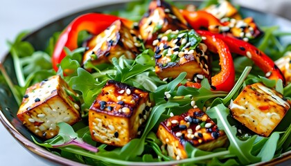 Vibrant salad with grilled tofu, sesame seeds, fresh greens, and red bell peppers, ideal for a nutritious vegan or vegetarian meal