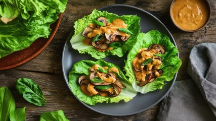 Poster - Mushroom Lettuce Wraps on a Wooden Table