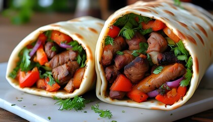 Wall Mural - Delicious close-up of Turkish wraps bursting with grilled meat and fresh vegetables