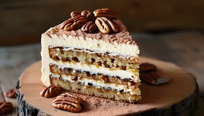 Decadent layered cake adorned with pecans and cocoa powder, elegantly presented on a rustic wooden plate