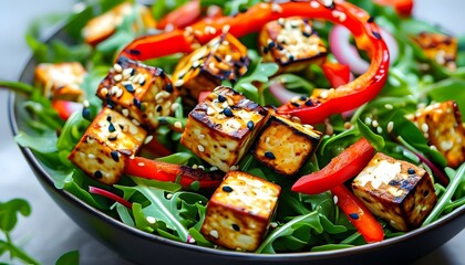 Vibrant salad with grilled tofu, sesame seeds, fresh greens, and red bell peppers, ideal for a nutritious vegan or vegetarian meal