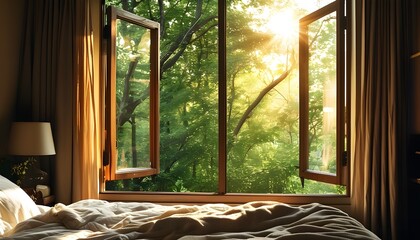 Serene bedroom illuminated by warm sunlight with an open window revealing a lush green tree, fostering a cozy and inviting ambiance.