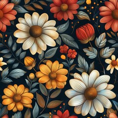 Retro seamless pattern design with 70s harvest gold, cream, and red flowers and foliage on a dark blue background. Perfect for retro home decor fabric patterns and retro kitchen decor items.