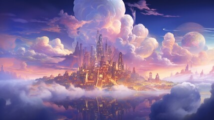 Wall Mural - Fantasy Cityscape in the Clouds