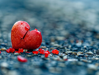 A heart is broken into pieces on a rocky surface. The heart is surrounded by candy, which is scattered around it. Concept of sadness and loss, as the heart is no longer whole