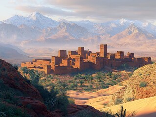 Desert Fortress with Mountain Range in Background