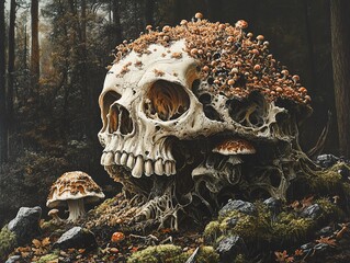 Poster - Skull and Mushrooms in a Dark Forest: A Surreal Nature Painting