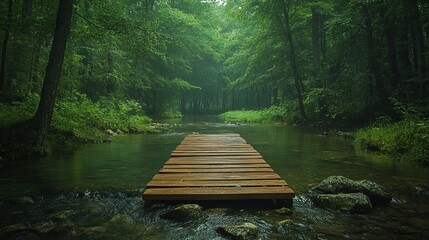 Wall Mural - Wooden Footbridge Over a River in a Lush Green Forest