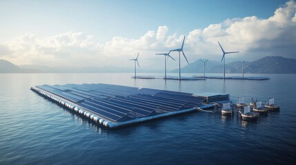 Wall Mural - Floating Solar Panels and Wind Turbines on a Calm Sea