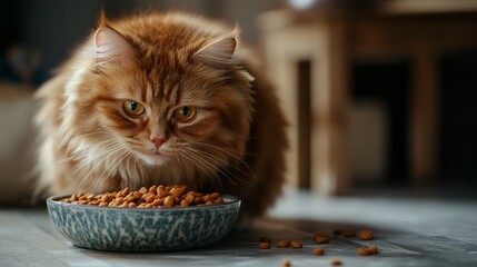 Wall Mural - Fluffy ginger cat with piercing green eyes gazes intently at a bowl of dry food, whiskers forward in anticipation, creating a cozy domestic scene.