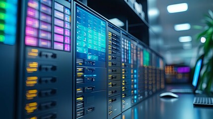 Server Rack with Illuminated Lights and Screen Displays