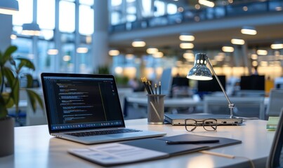Laptop with code on screen in a modern office workspace. Software development and programming concept.