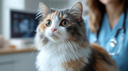 A cat is sitting in front of a doctor. The cat is looking at the camera with a surprised expression. The doctor is wearing a blue shirt and a stethoscope