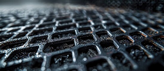 Closeup view of a moody weathered and rusted metal grate or grid surface with dramatic lighting and contrasting shadows creating an abstract industrial background or texture