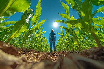 Wall Mural - A man stands in a field of corn, looking up at the sky