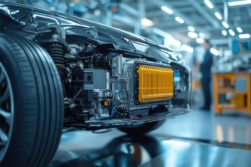 Hydrogen fuel cell engine displayed inside a modern automotive workshop with advanced manufacturing equipment present