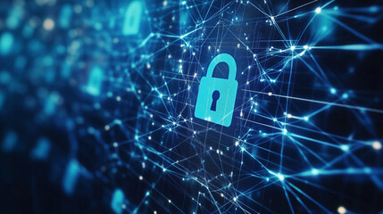blue cyber security network abstract background with padlock icon - digital, technology, data, secur