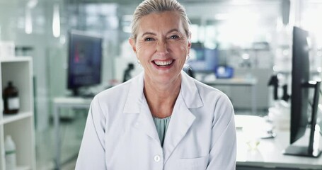 Wall Mural - Mature woman, scientist and happy in lab for medical or science research and investigation. Female person, portrait and smile or proud for career growth as expert for drug trial and experiment