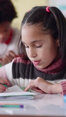 Aufkleber - Girl, writing and exam at school for education, thinking or problem solving for maths quiz at academy. Child, test and assessment with solution, learning and development with progress in classroom