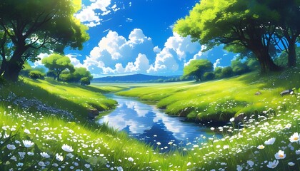 Serene river winding through lush grassland adorned with white wildflowers and trees under a bright blue sky with fluffy clouds in captivating anime style