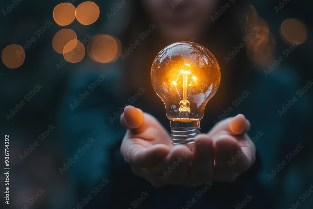 A glowing light bulb held in cupped hands, symbolizing inspiration or ...