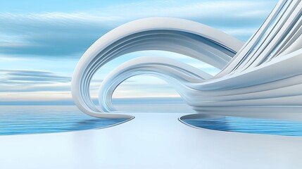 Wall Mural - a futuristic, abstract landscape featuring sweeping white structures and tranquil blue waters under 