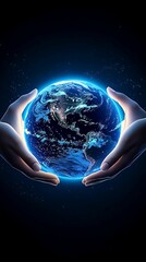 a glowing earth held gently in two hands, symbolizing care for the planet and a vision for environme