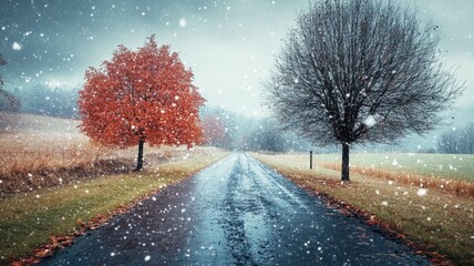 Scenic autumn landscape with snow-covered road and trees