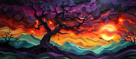 Wall Mural - Enchanting sunset landscape with a majestic tree silhouette against a moody dramatic sky filled with colorful swirling clouds and a captivating moon