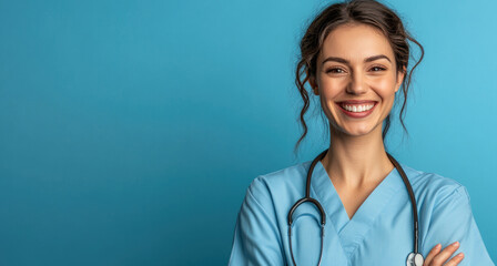 Smiling female healthcare professional with stethoscope and scrubs on blue background