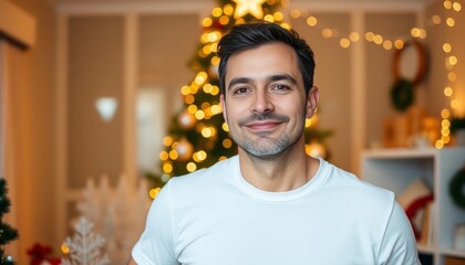 A handsome young man in a white t-shirt on the background of a Christmas tree, a Portrait of a handsome man in a room decorated for Christmas. Man looking at the camera