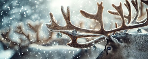 A close-up of reindeer antlers adorned with snowflakes in a winter wonderland setting, capturing the serene beauty of nature.