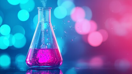 Wall Mural - pink liquid in erlenmeyer flask with blue and pink bokeh background