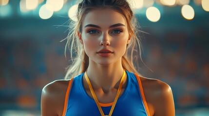 A beautiful female athlete with a gold medal around her neck celebrating on the field of an Olympic stadium after winning a competition She is wearing blue and orange sportswear in a closeup shot phot