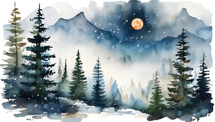 Wall Mural - Ethereal winter mist enveloping a watercolor forest landscape with towering mountain trees and a disappearing moon