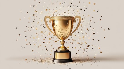 A recognizable golden trophy cup with stars and confetti falling around it on a light grey background This image represents the concept of success and victory