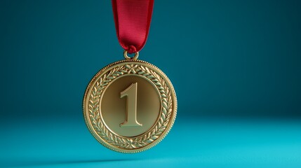 A shiny gold medal with the number 1 engraved on it hanging from a red ribbon against a blue background This is an award for winning first place in a competition or race