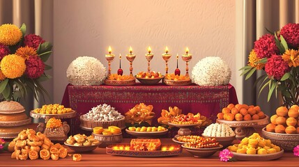 Wall Mural - Diwali Indian Home altar with Diwali decorations, flowers, diyas, and sweets, flat design illustration