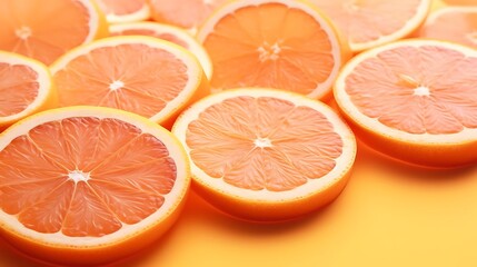 Slices of orange arranged aesthetically on a vibrant yellow background.