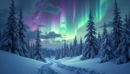 Snow Covered Forest Illuminated by Auroras Under a Starry Sky