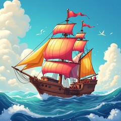 Art of a whimsical cartoon sailboat with colorful sails floating through a fantasy sky. Generative AI.